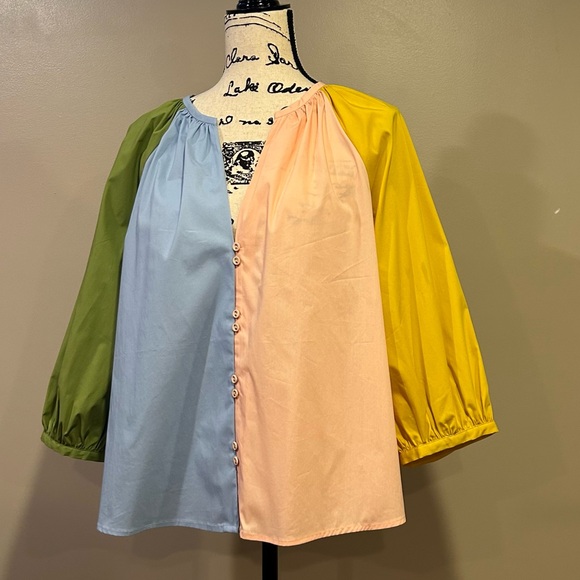 CROSBY by Mollie Burch 3/4 Balloon Sleeve Split V-Neck Button Front Rives Top - Picture 12 of 15